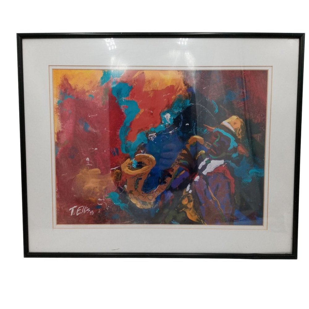 Abstract Saxophone Music Art Print Framed Blowin Magic Ellis Blue Red Musician